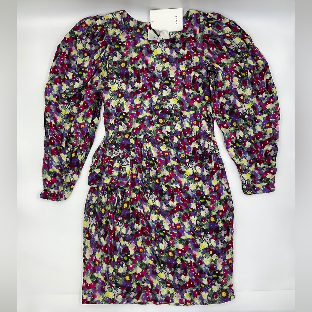 Rohe NWT RARE Nicky Floral Peplum Dress Asymmetrical Ruched Puffed Long Sleeve 4 - Picture 3 of 16